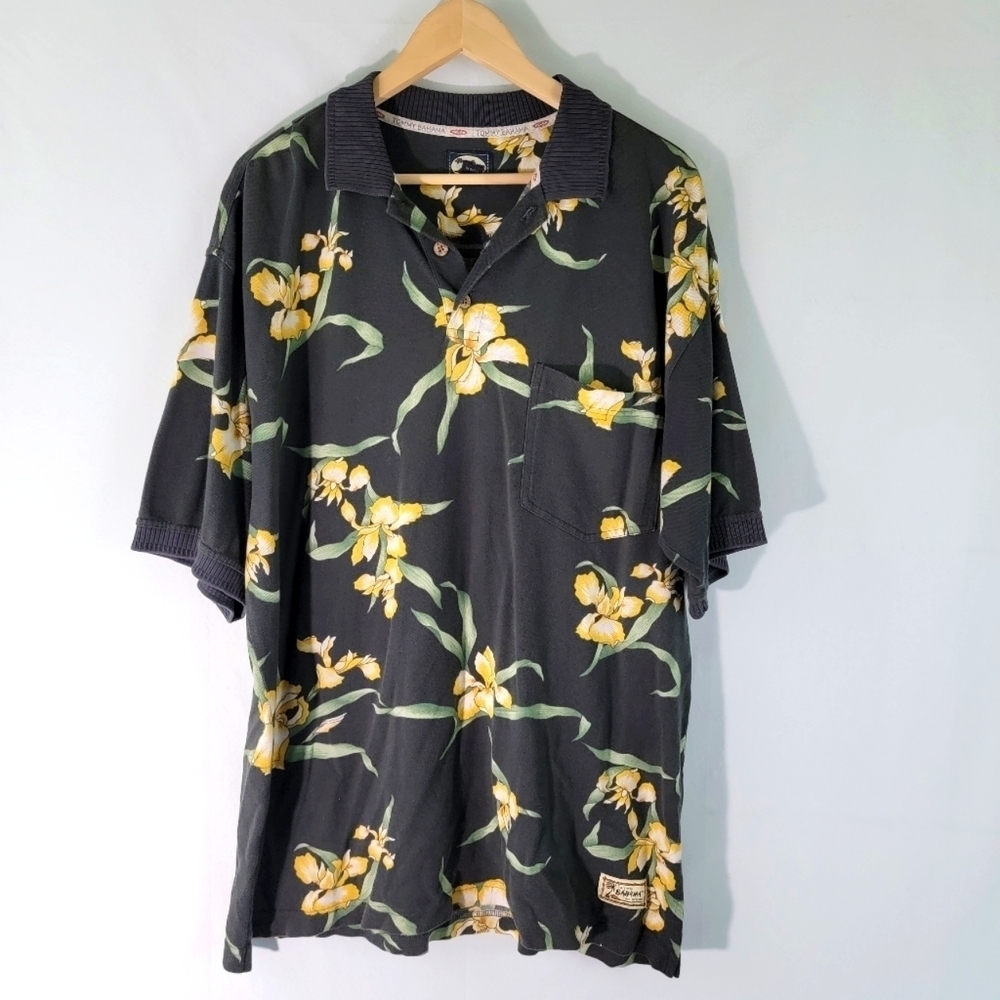 Tommy Bahama Mens Black/Yellow Hawaiian Golf Shirt Sz L Short Sleeve 100% Cotton